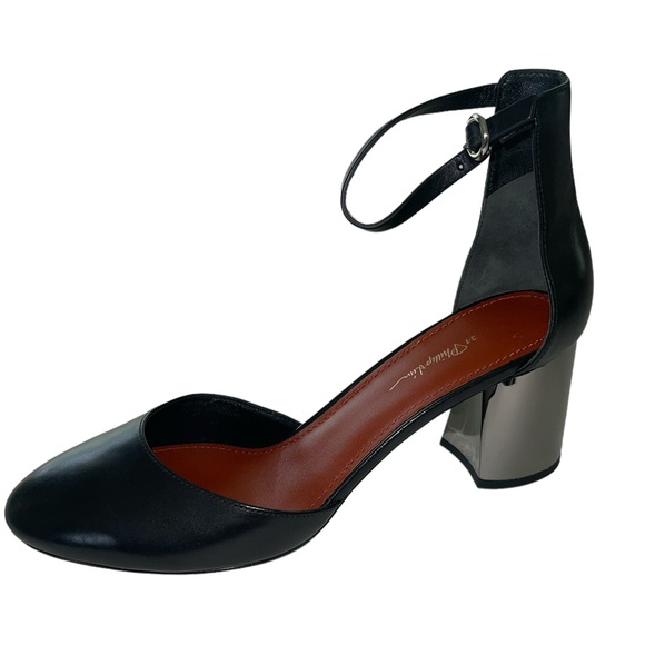 3.1 Phillip Lim Black Leather Silver Block Heels NWT - Picture 3 of 17